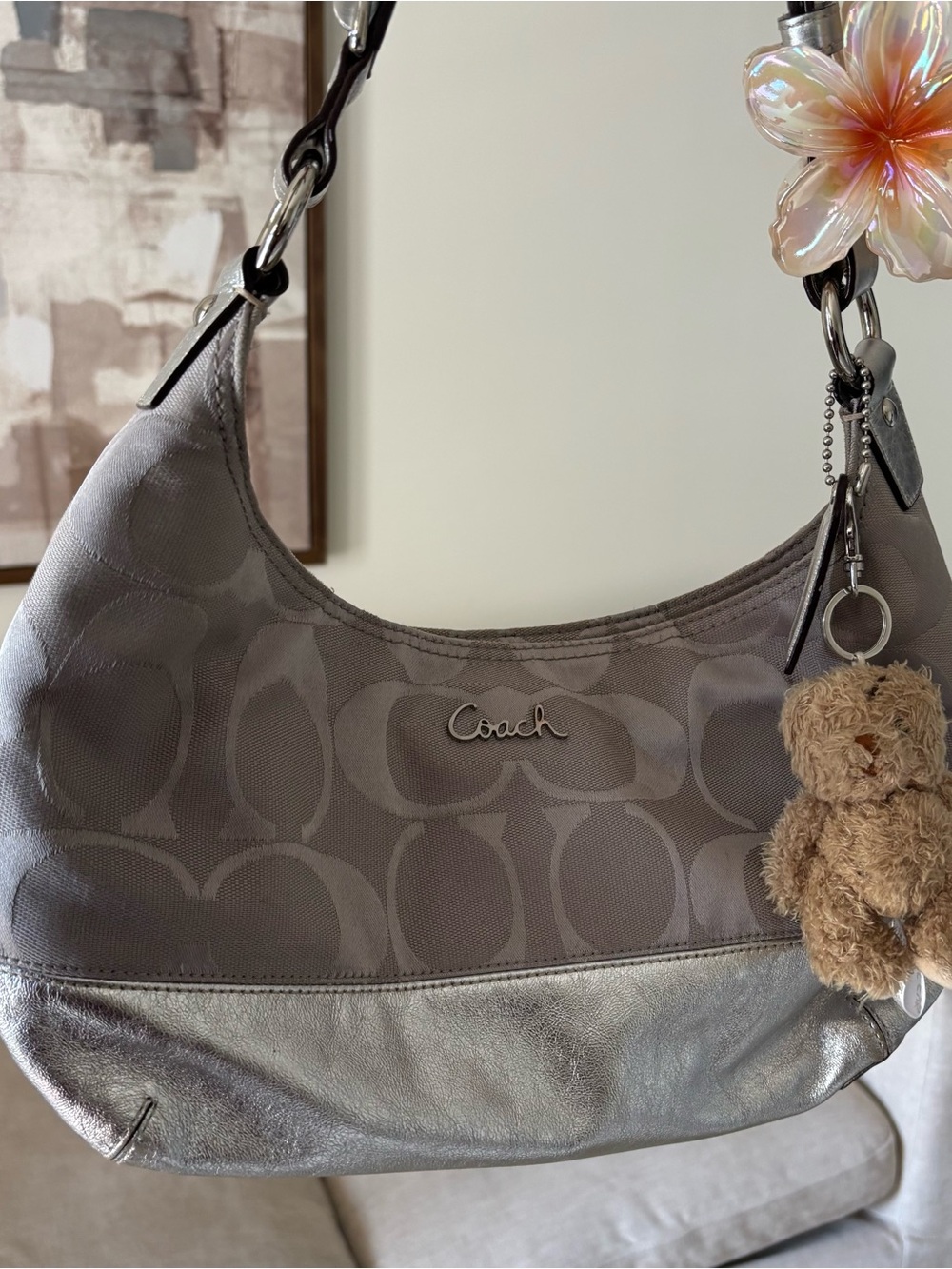 Coach Silver & Gray Signature Hobo Shoulder Bag
